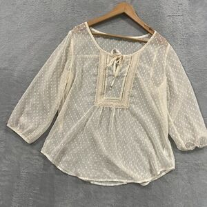 Maurices Blouse‎ Women's Large Boho Sheer Ivory Neck Tie Preppy Mature Cottage